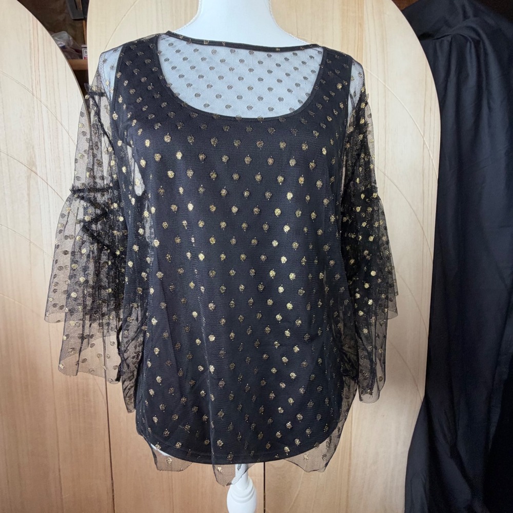 Worthington Mesh Top M Black Gold Polka Dot Ruffle Bell Sleeve Party Glam